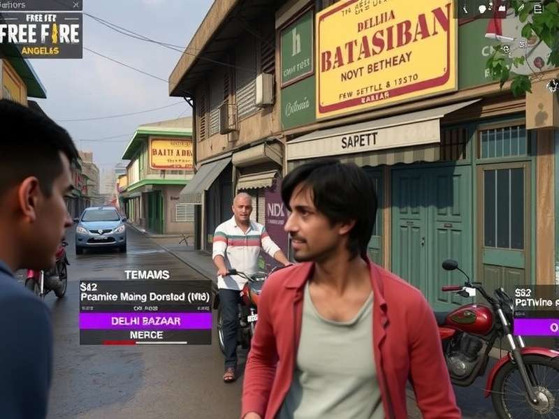 Free Fire Avengers - Intense Battle in Delhi Bazaar Free Fire Avengers gameplay showing team battle in Delhi Bazaar location